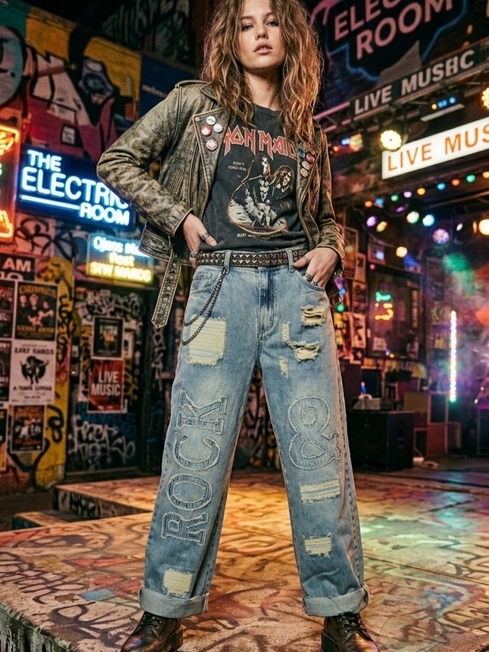 Rock & ROLL Light Blue Relaxed Graphic Patch Jeans Size (14-16)